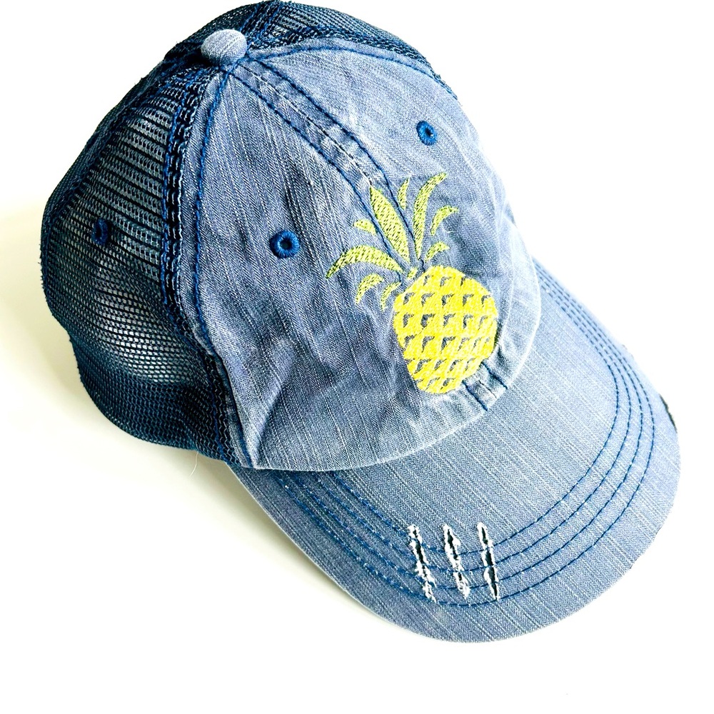Distressed Blue Baseball Hat With Embroidered Pin… - image 1